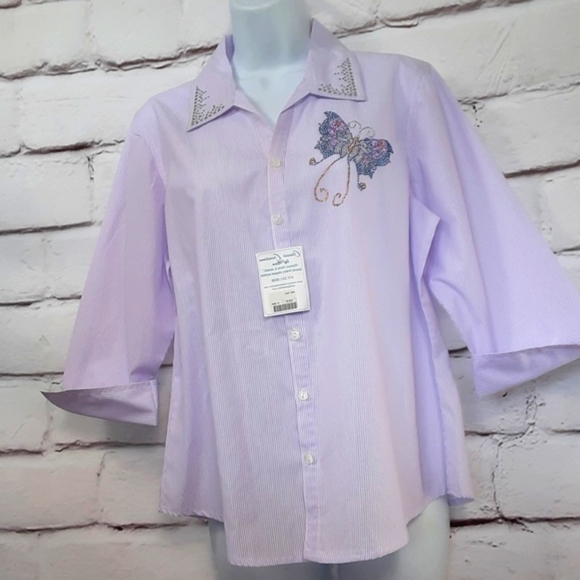 Button Up Shirt Purple Stripe NWT Sz S Embellished Butterfly Issac's Designs - Picture 3 of 13